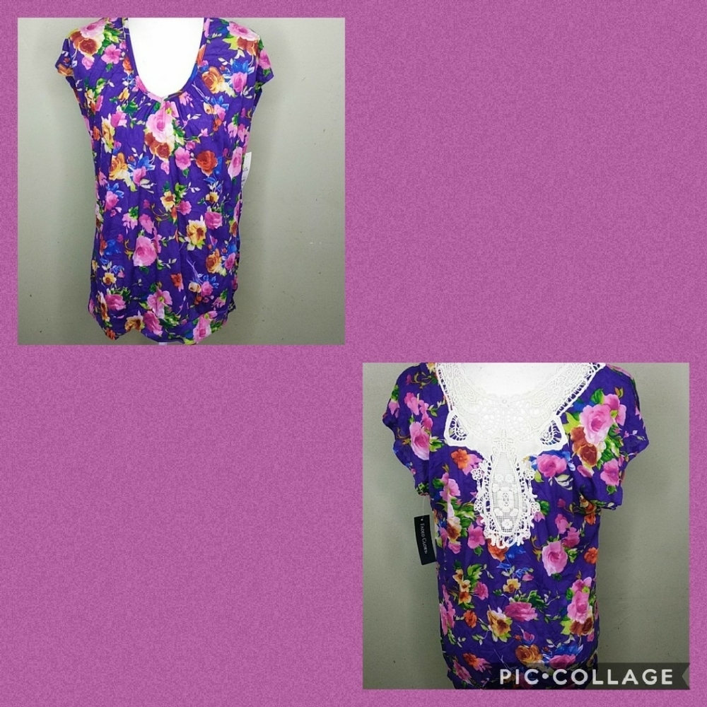 Floral Print Tunic Top with Ecru Lace Back Insert  - L - NWT